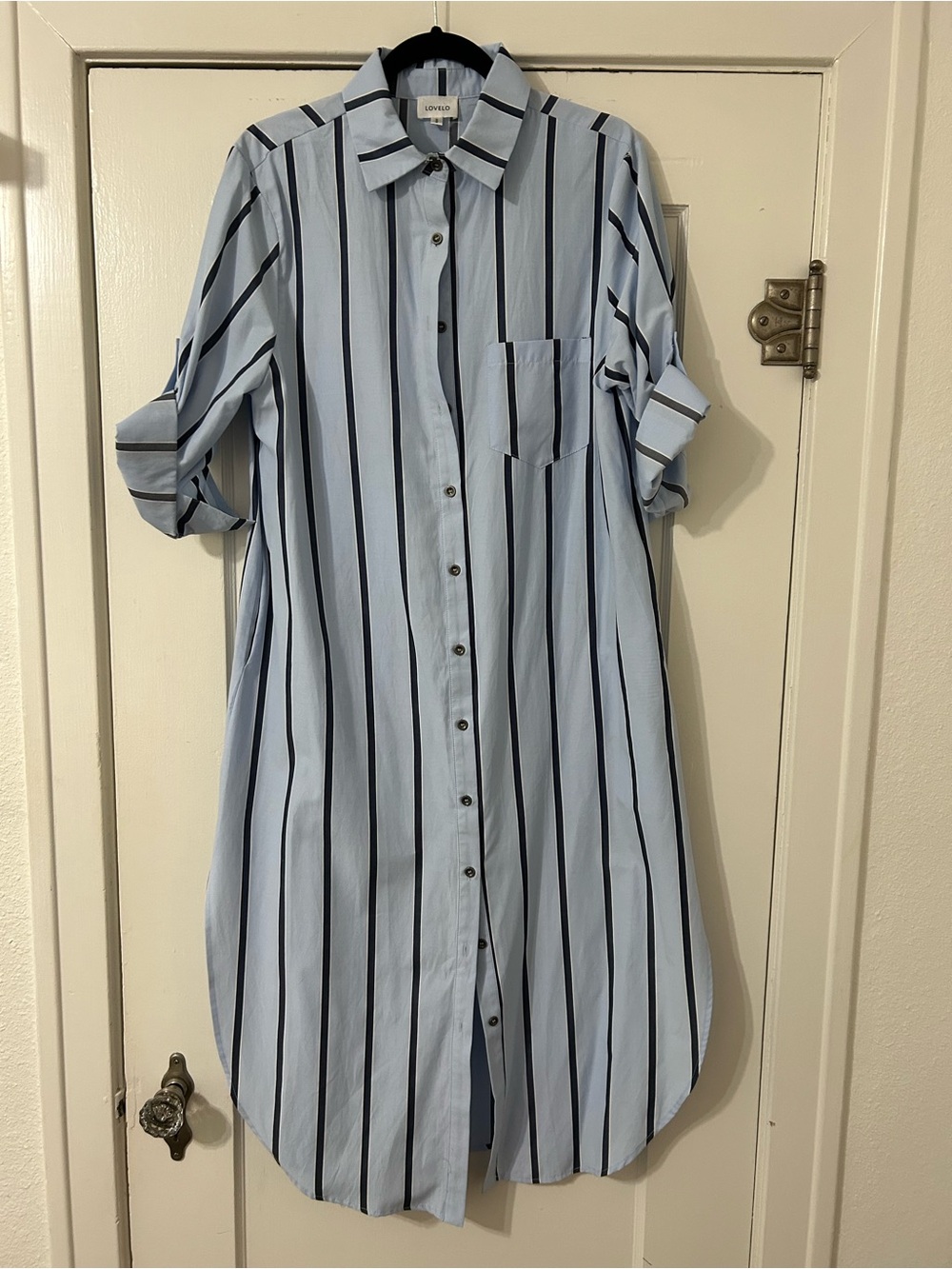 Light Blue and Navy Vertical Stripe Midi Shirt Dress